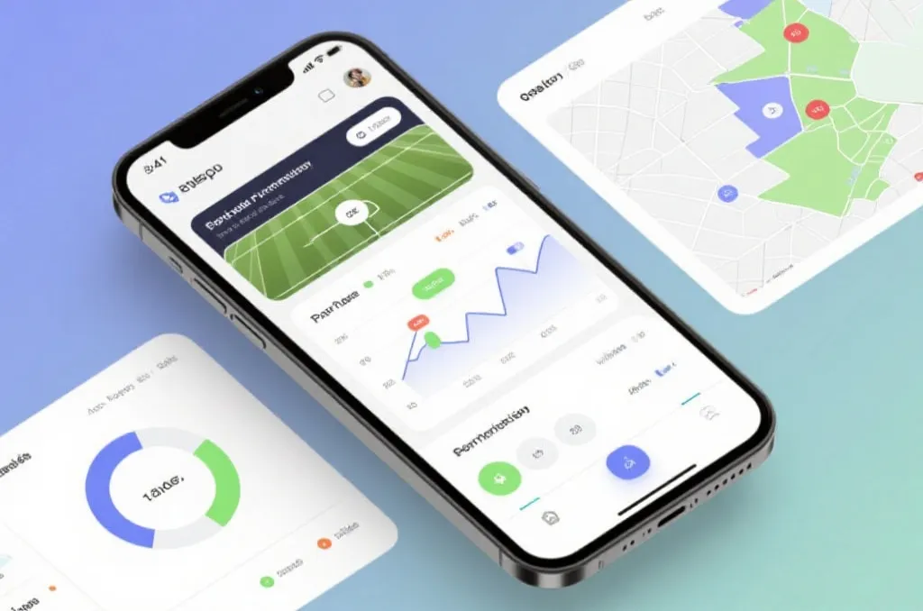 A clean, modern mobile app interface showing generic sports analytics, live performance charts, possession graphs, and heatmaps, no brand logos